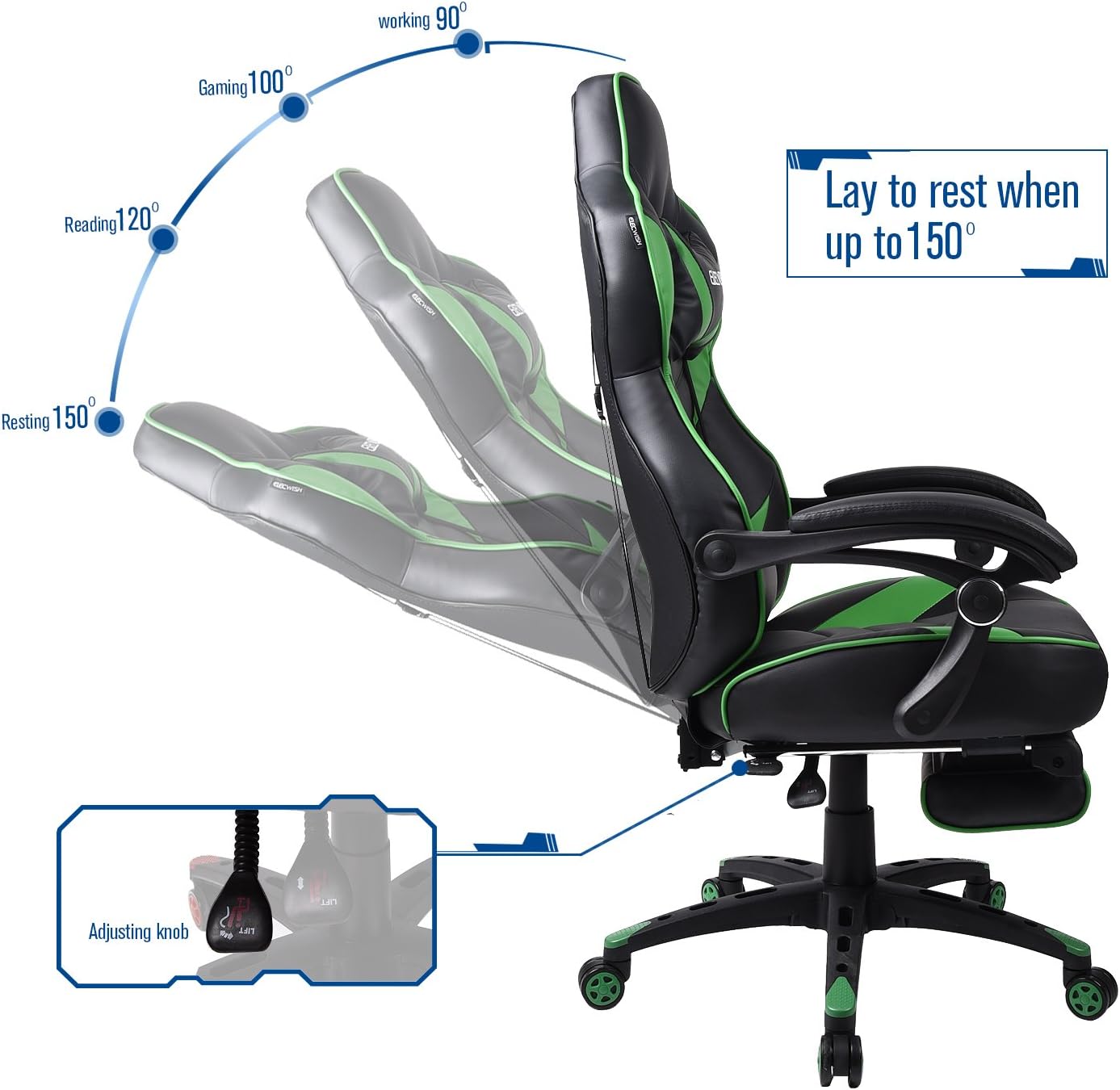 Silla de videojuegos para oficina de carreras  reclinable de piel sintética con respaldo alto, ergonómica, ajustable y giratoria, escritorio
