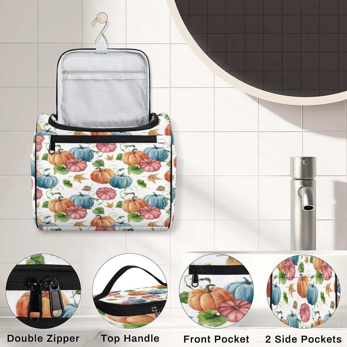 Thanksgiving Day Fun Pattern Toiletry Bag for Women Travel Makeup Organizer with Hanging Hook Traveling Cosmetic Bags for Toiletries Accessories