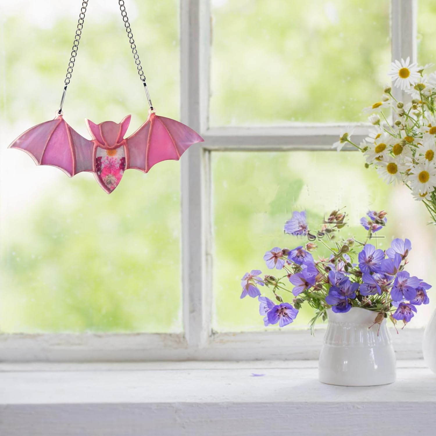 U-MOJOK Atrapasoles de murciélago rosa para ventanas, atrapa el sol manchado de murciélagos para decoración de Halloween, decoración de pared de