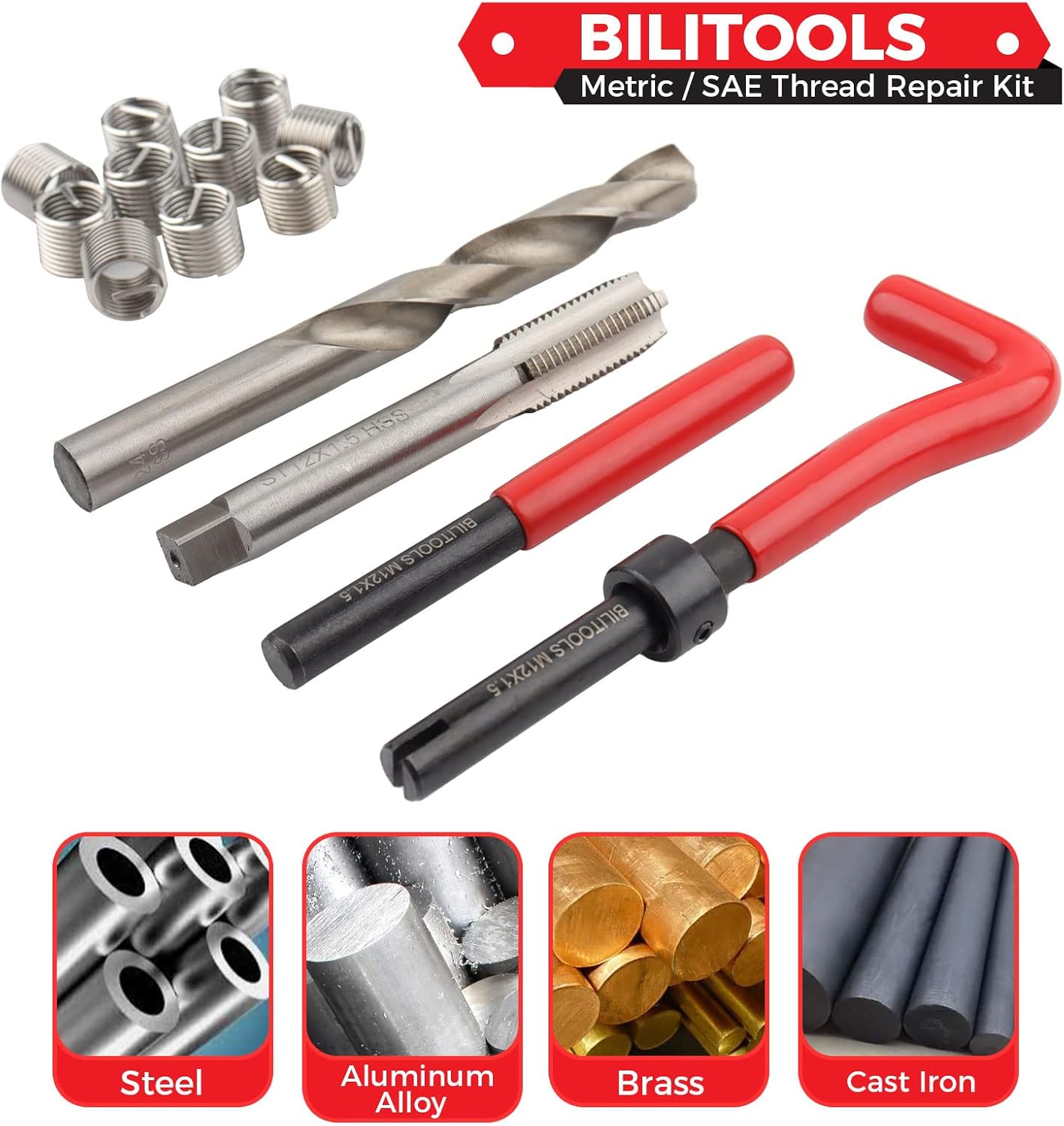 BILITOOLS Kit de reparación de roscas de 716-14 pulgadas, kit de reparación de helicoidales de taladro HSS SAE