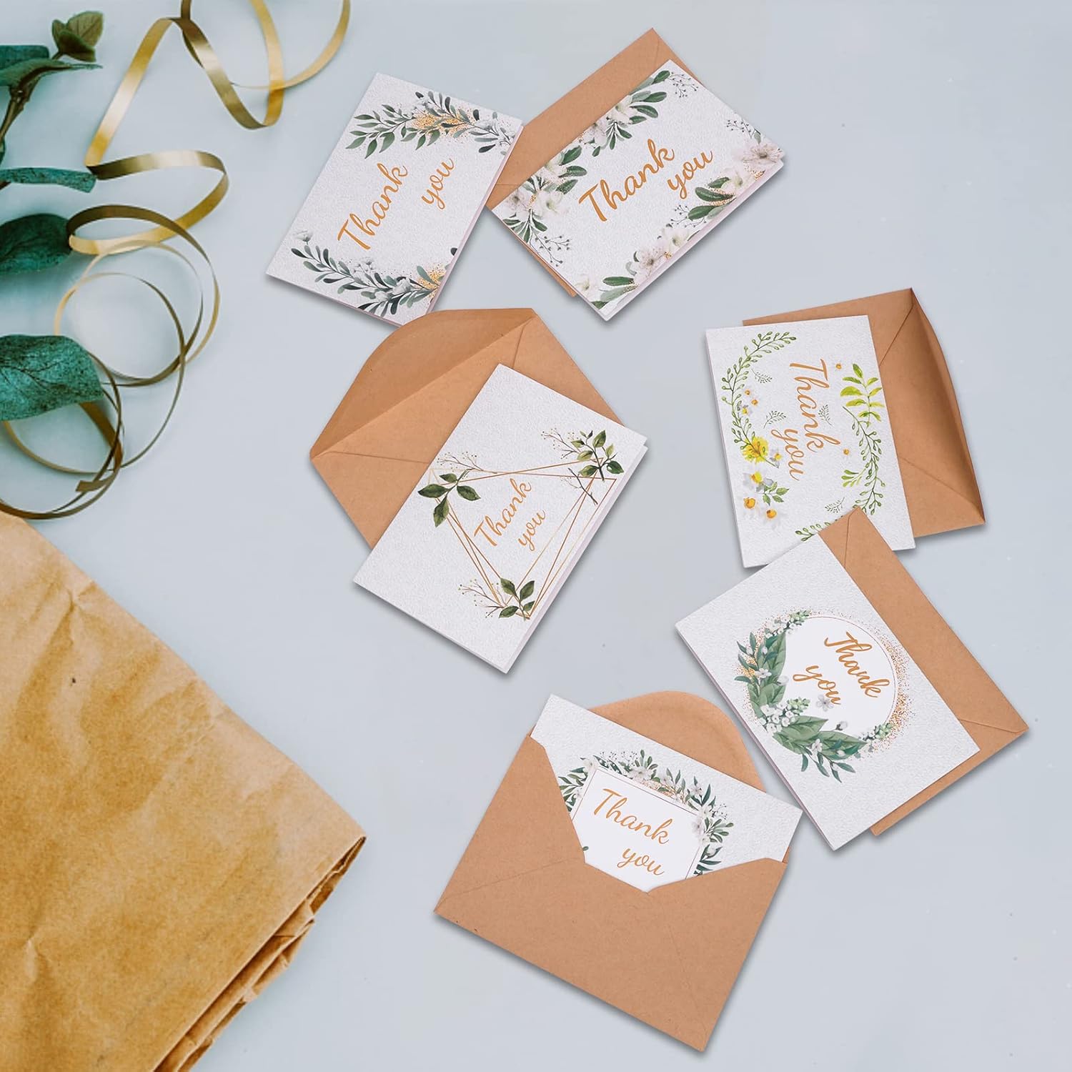 Tarjetas de agradecimiento con sobres de papel kraft y calcomanías a juego, 100 tarjetas de agradecimiento de plantas verdes, tarjetas de