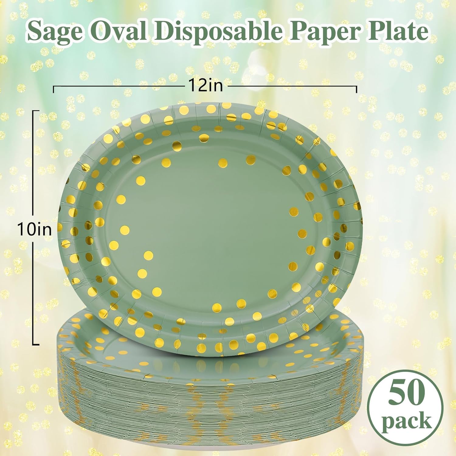 VEIZEED Platos de papel verde salvia de 10 x 12 pulgadas, platos verdes salvia para 50 invitados, platos de papel ovalados grandes, platos de fiesta
