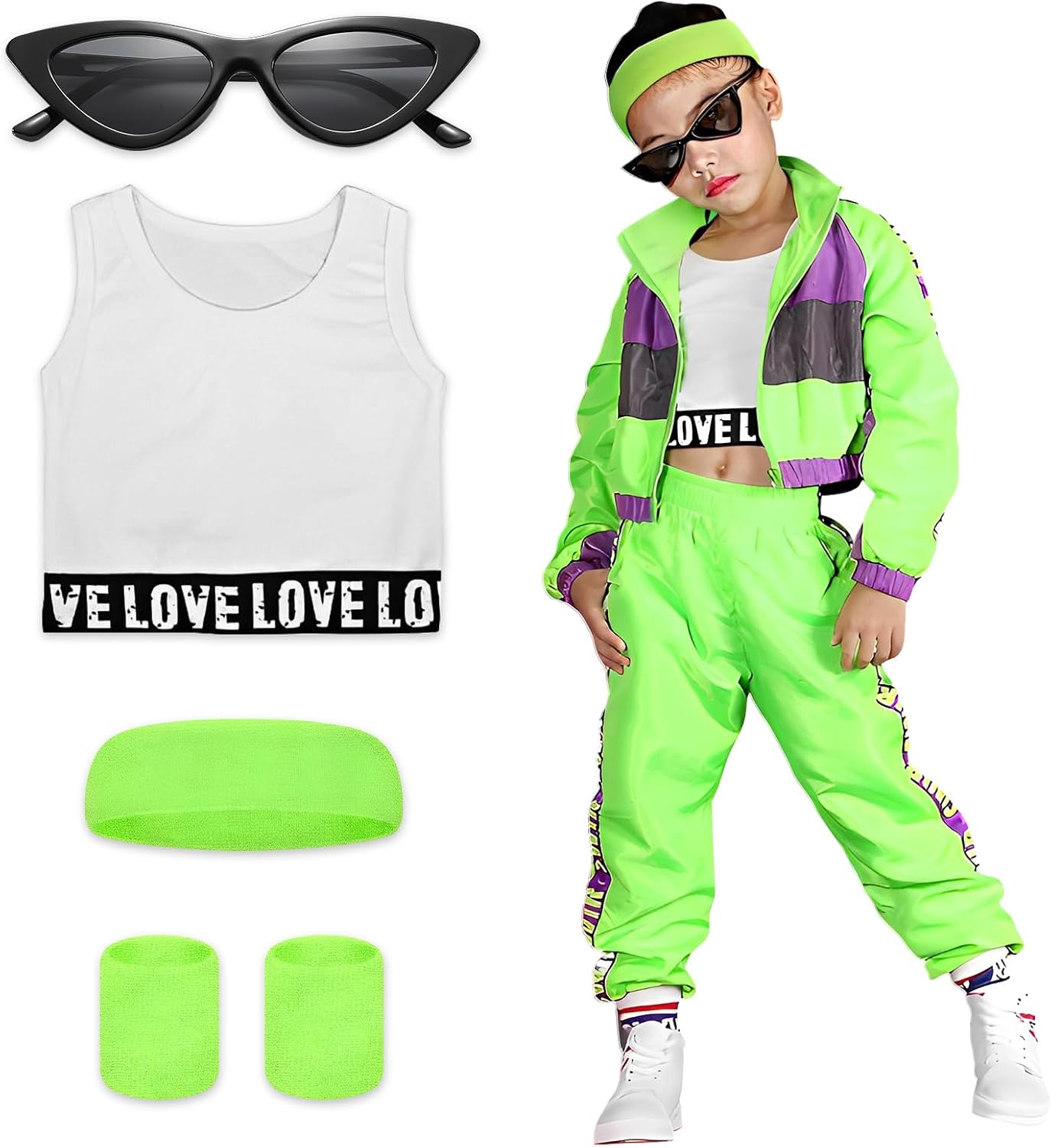Alaiyaky Disfraz de hip hop para niños y niñas, conjunto de ropa de baile de los años 90, disfraz de K-pop conjunto de pantalón