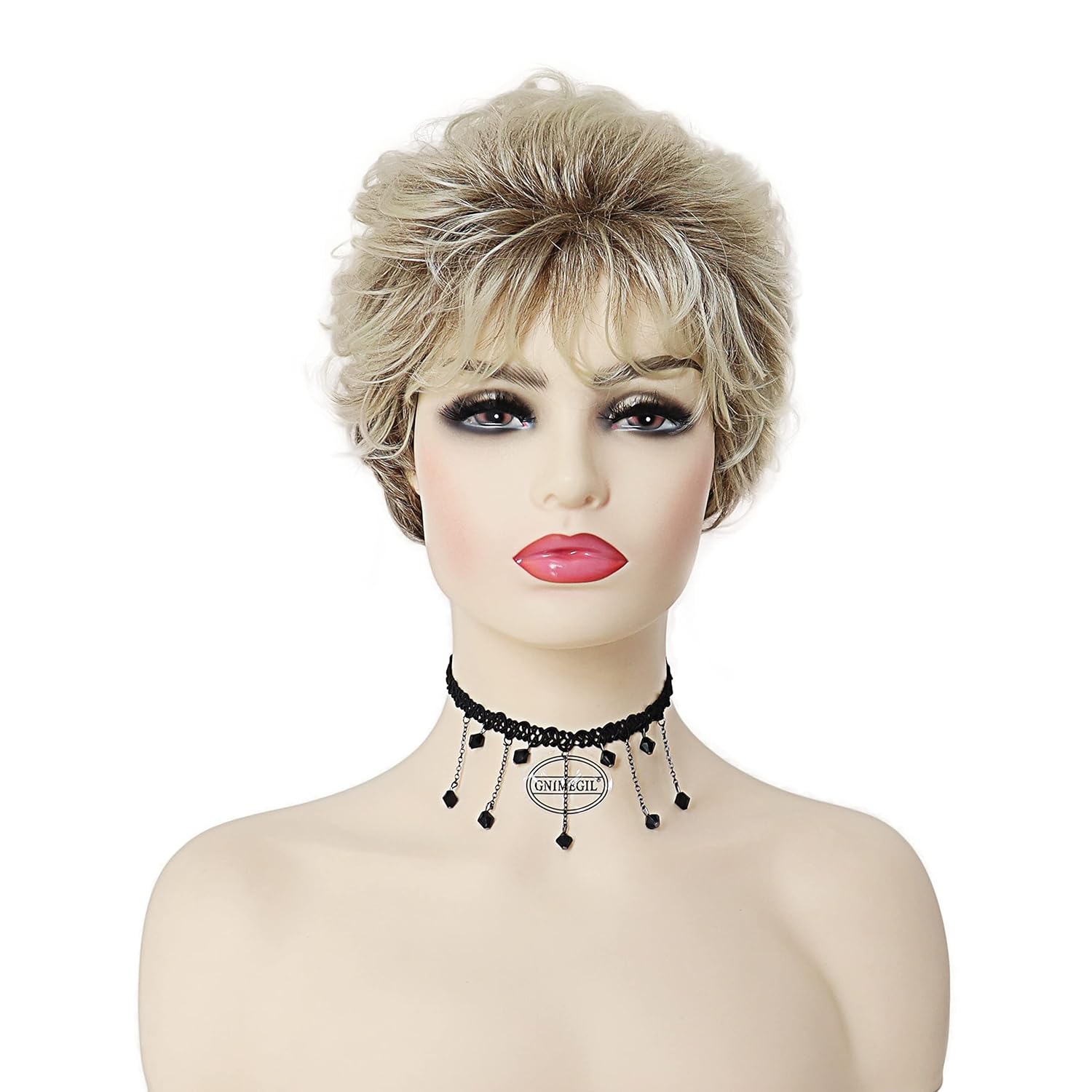 GNIMEGIL Peluca de cabello rubio corto, rizado, peluca natural de mamá con flequillo para mujer, resistente al calor, peluca sintética para cosplay,