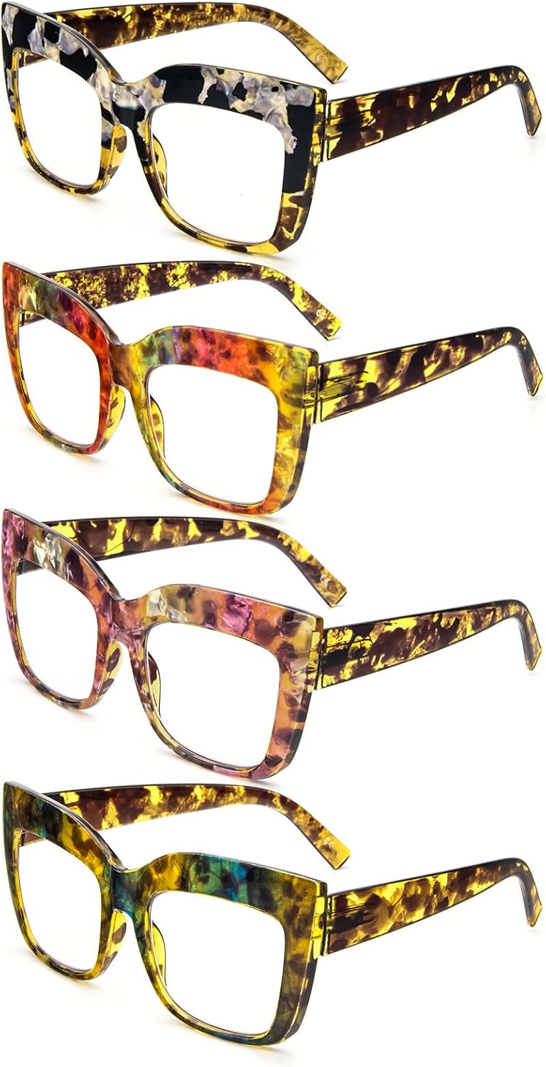 KoKoBin Paquete de 4 elegantes lentes de lectura de ojo de gato con marco grande para mujer, lectores retro de gran tamaño, bloqueo de luz azul