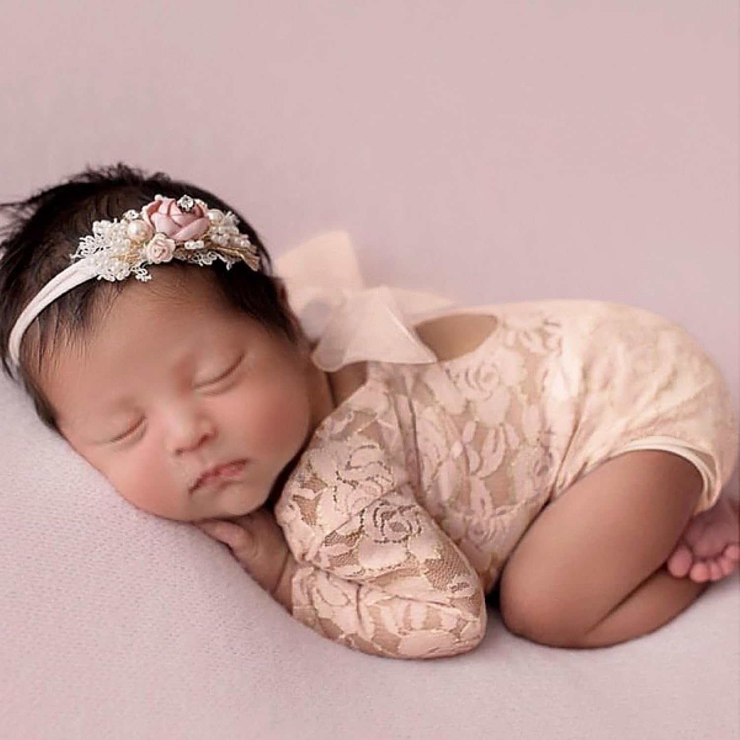 ForBaysy Traje de fotografía para recién nacido, mameluco de encaje con diadema, disfraz de princesa infantil