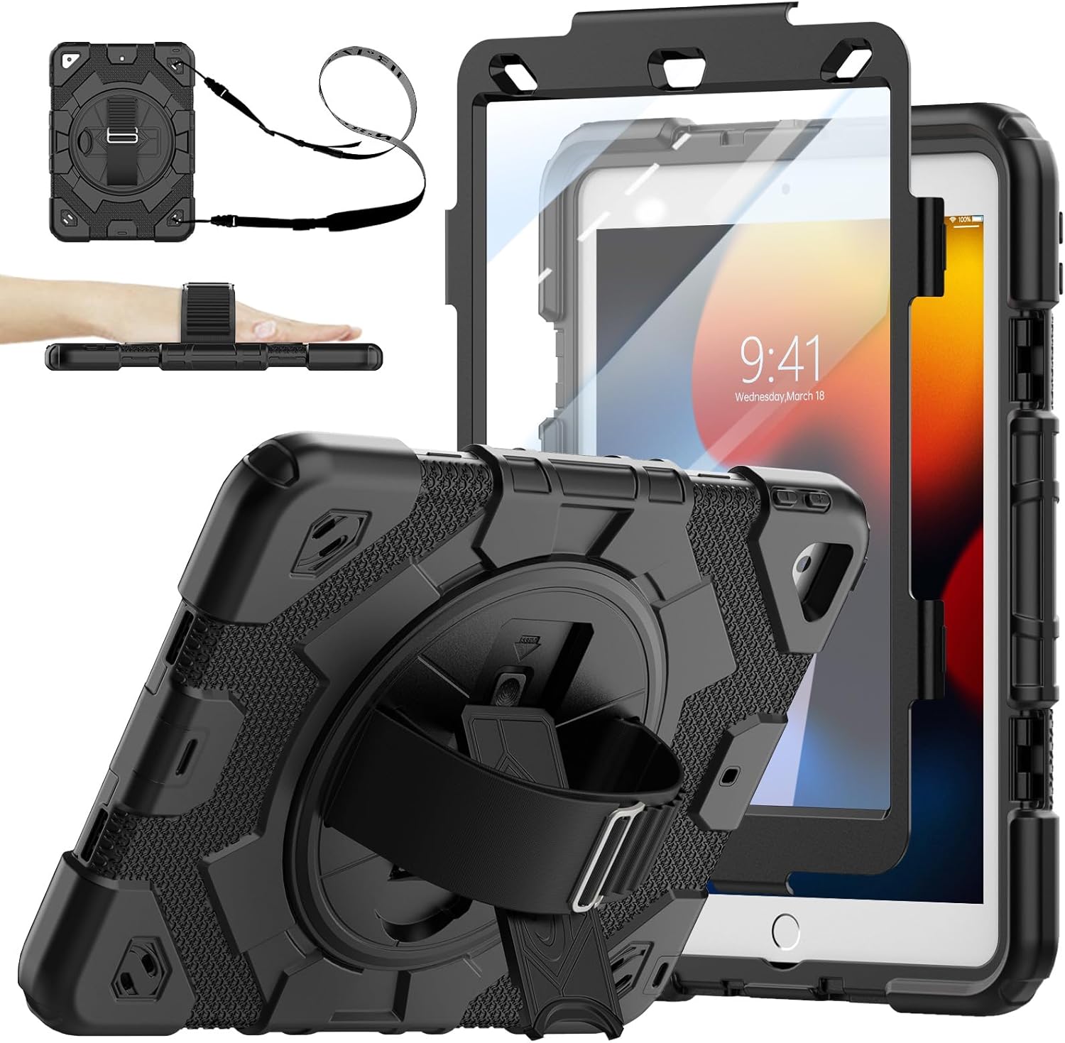 SEYMAC Funda para iPad de 987 generación, funda de cuerpo completo a prueba de golpes con protector de pantalla, correa de mano giratoria de 360 y