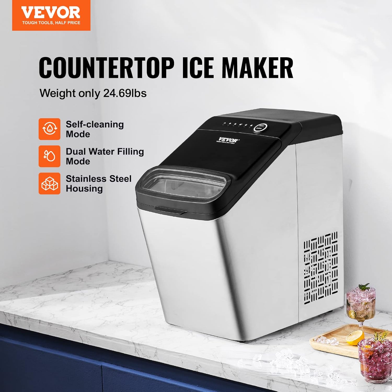VEVOR Máquina de hielo para encimera, 33 libras en 24 horas, 2 formas de entrada de agua, máquina de hielo portátil autolimpiante con 2 tamaños de
