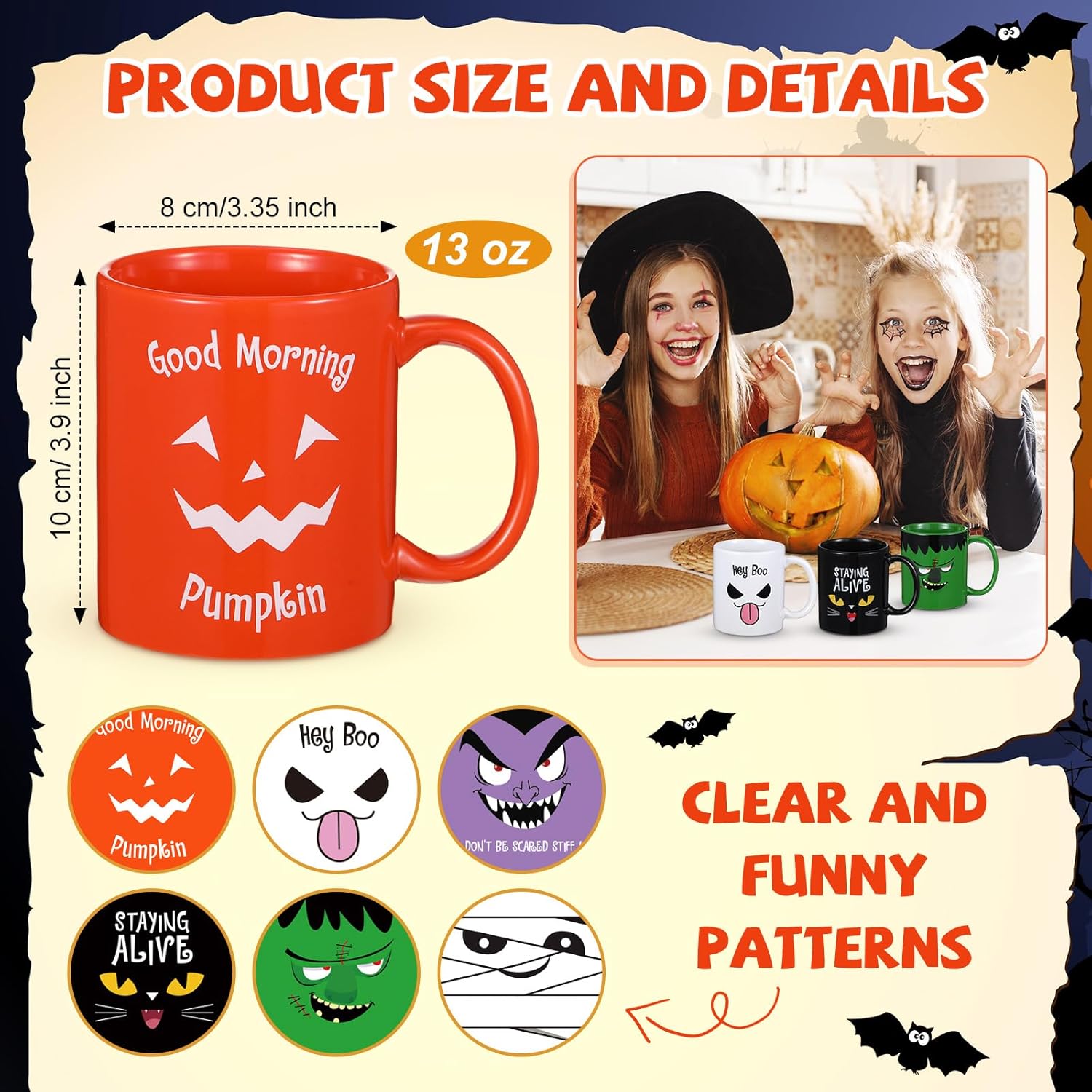 Lallisa Juego de 6 tazas de Halloween de 13 onzas, calabazas, gatos, fantasmas, tazas de cerámica a juego para Halloween, hogar, escuela, oficina,