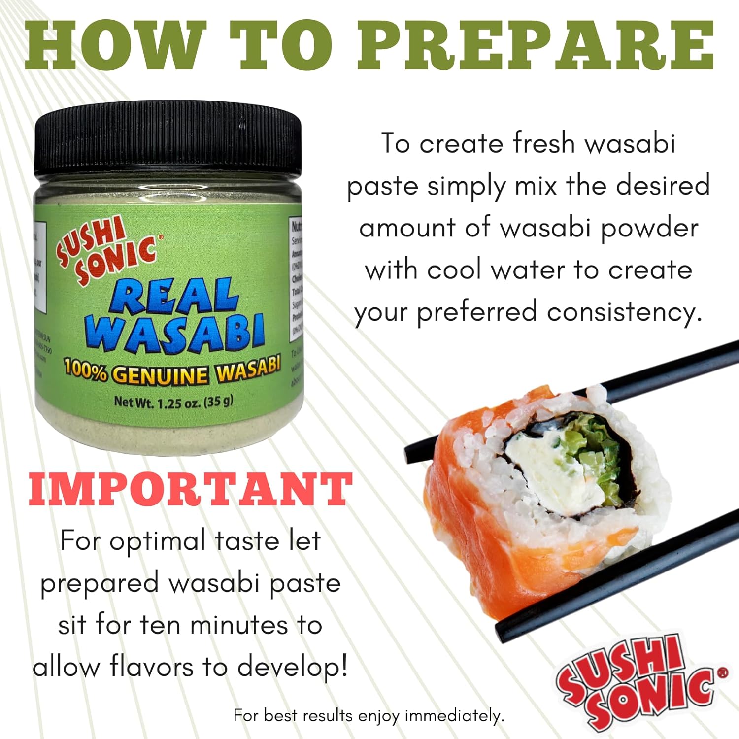 Sushi Sonic Polvo de wasabi 100% real, sin rellenos, sin OMG, vegano, utiliza el auténtico polvo de wasabi para el sabor tradicional, tarro de 1.25