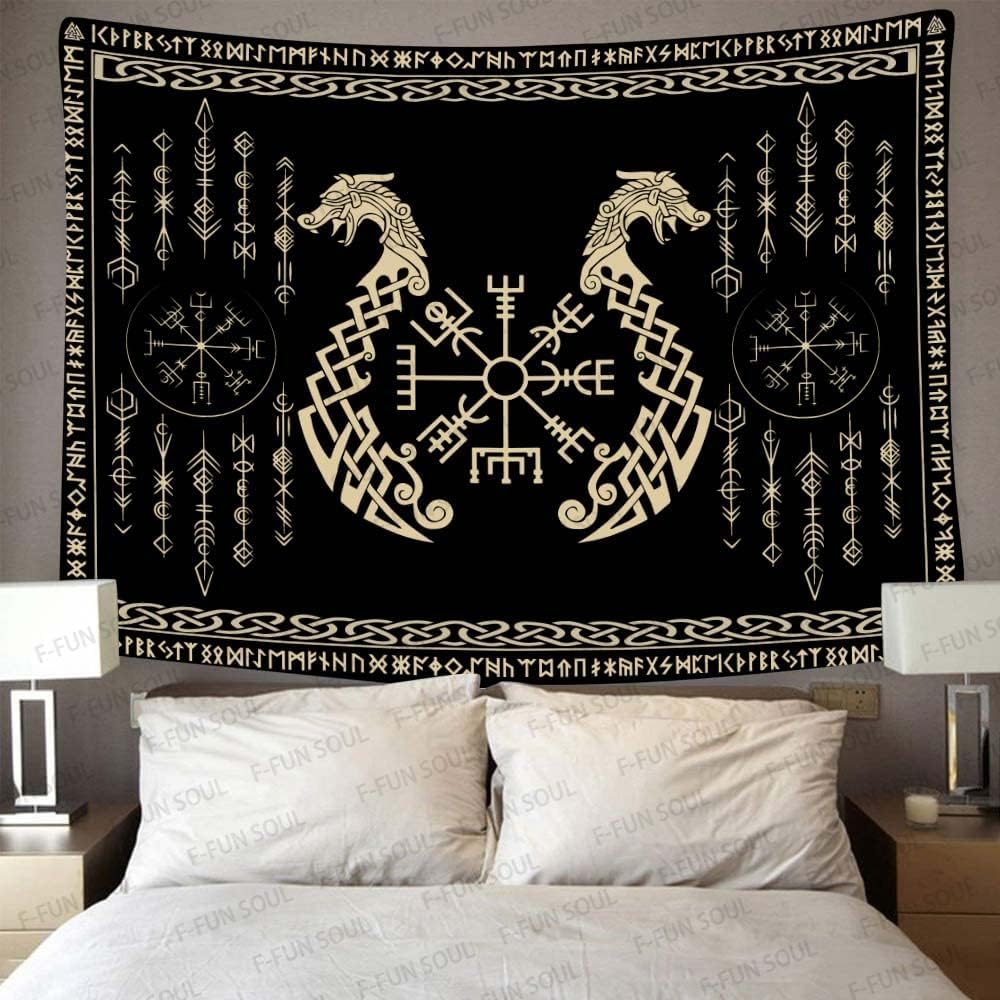 Tapiz de los vikingos nórdicos, franela suave grande de 40 x 30 pulgadas, símbolo Vegvsir gemelos dragones, runa celta escandinava, tapiz de