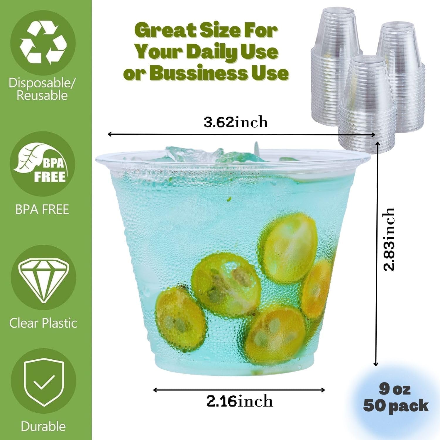botogift Paquete de 50 Vasos de plástico transparente de 9 onzas, vasos desechables de cristal, vasos de plástico PET para fiestas, bodas, cócteles,