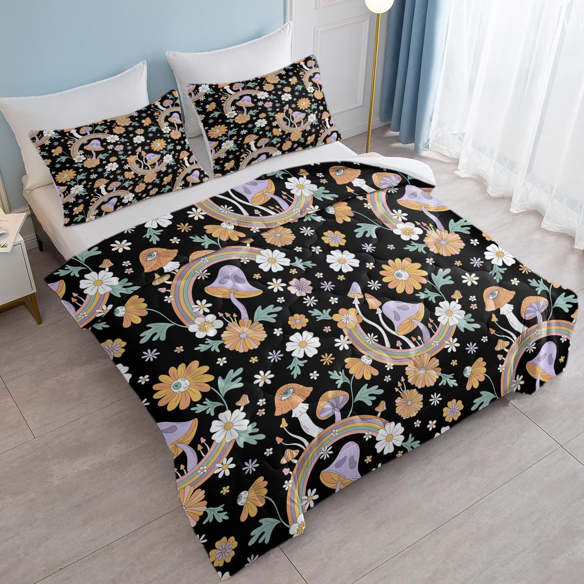 SOULZZZ Juego de ropa de cama retro de hongos hippie tamaño matrimonial, edredón floral de hongos margaritas para niñas y mujeres, edredón negro con