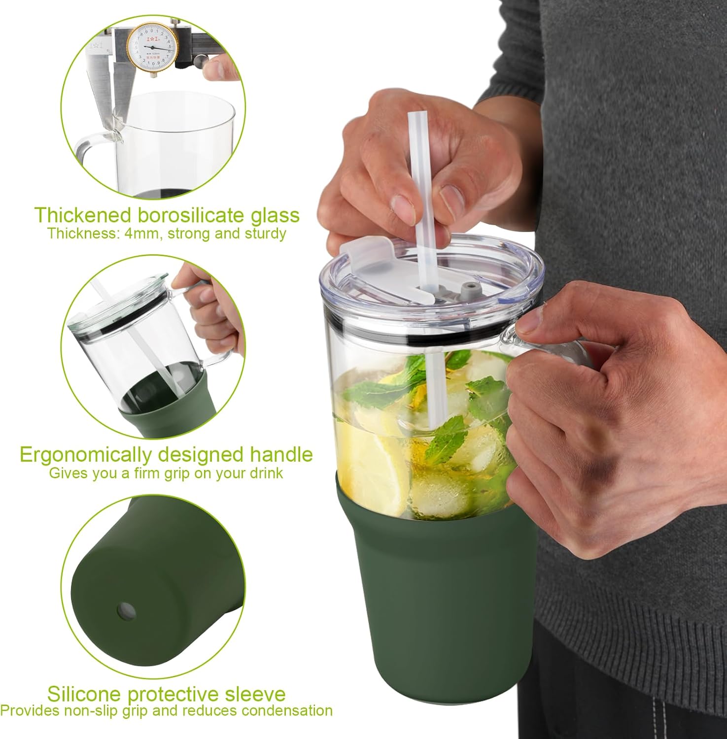 Zenbo Vaso de vidrio con tapa y popote, taza de café helado de 32 onzas con asa, botellas de agua de vidrio con funda de silicona, taza de vidrio