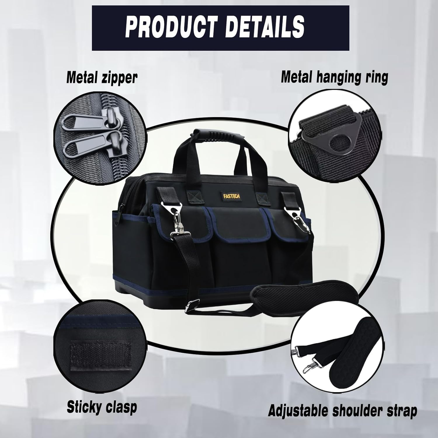 FASTECH Bolsa de herramientas de 20 pulgadas, kit de herramientas de boca ancha impermeable, organizador de bolsa de herramientas resistente con