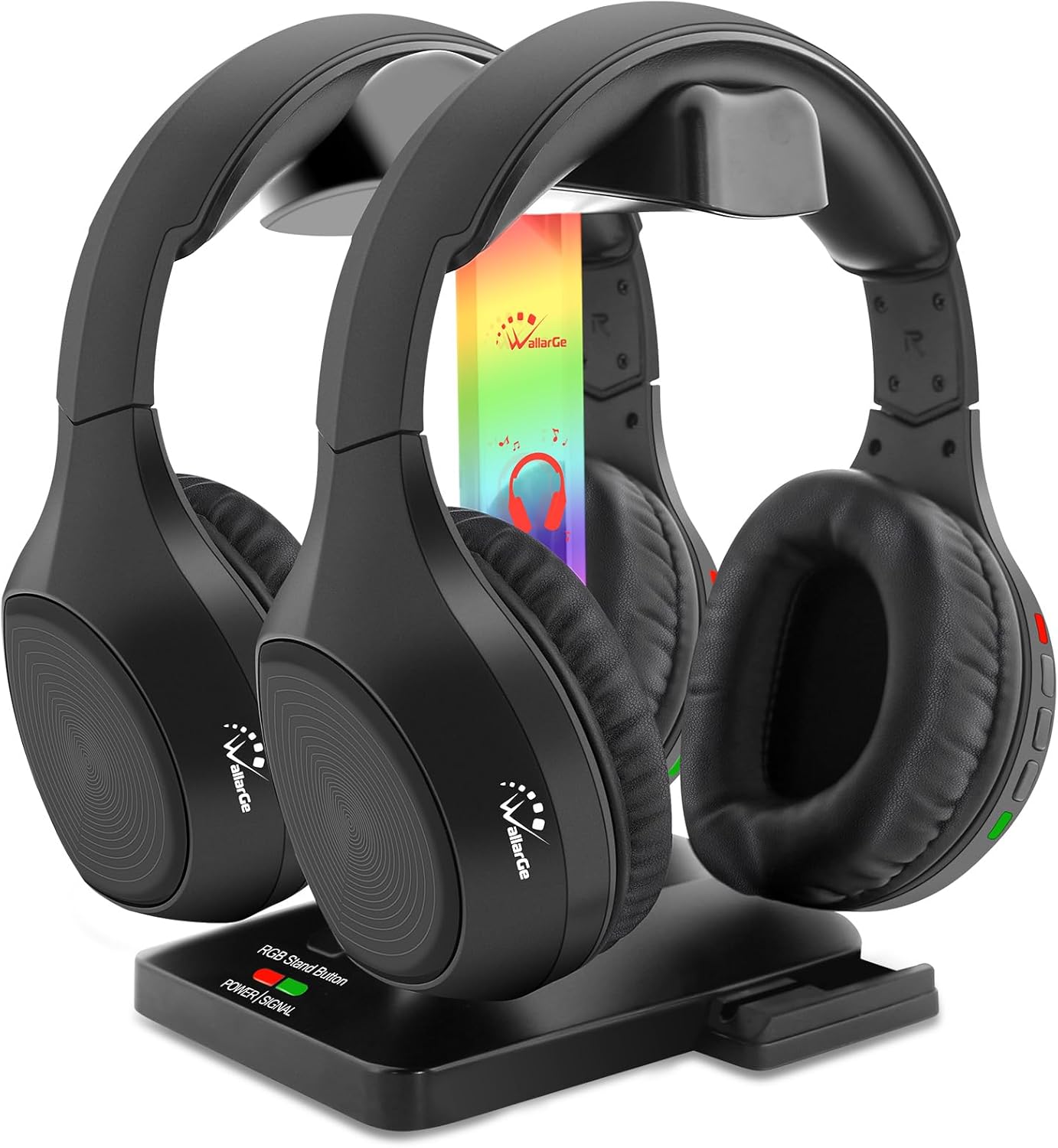 WallarGe Auriculares inalámbricos duales para ver televisión con base de carga de transmisor RF de 5.8 GHz, auriculares inalámbricos para 25 horas