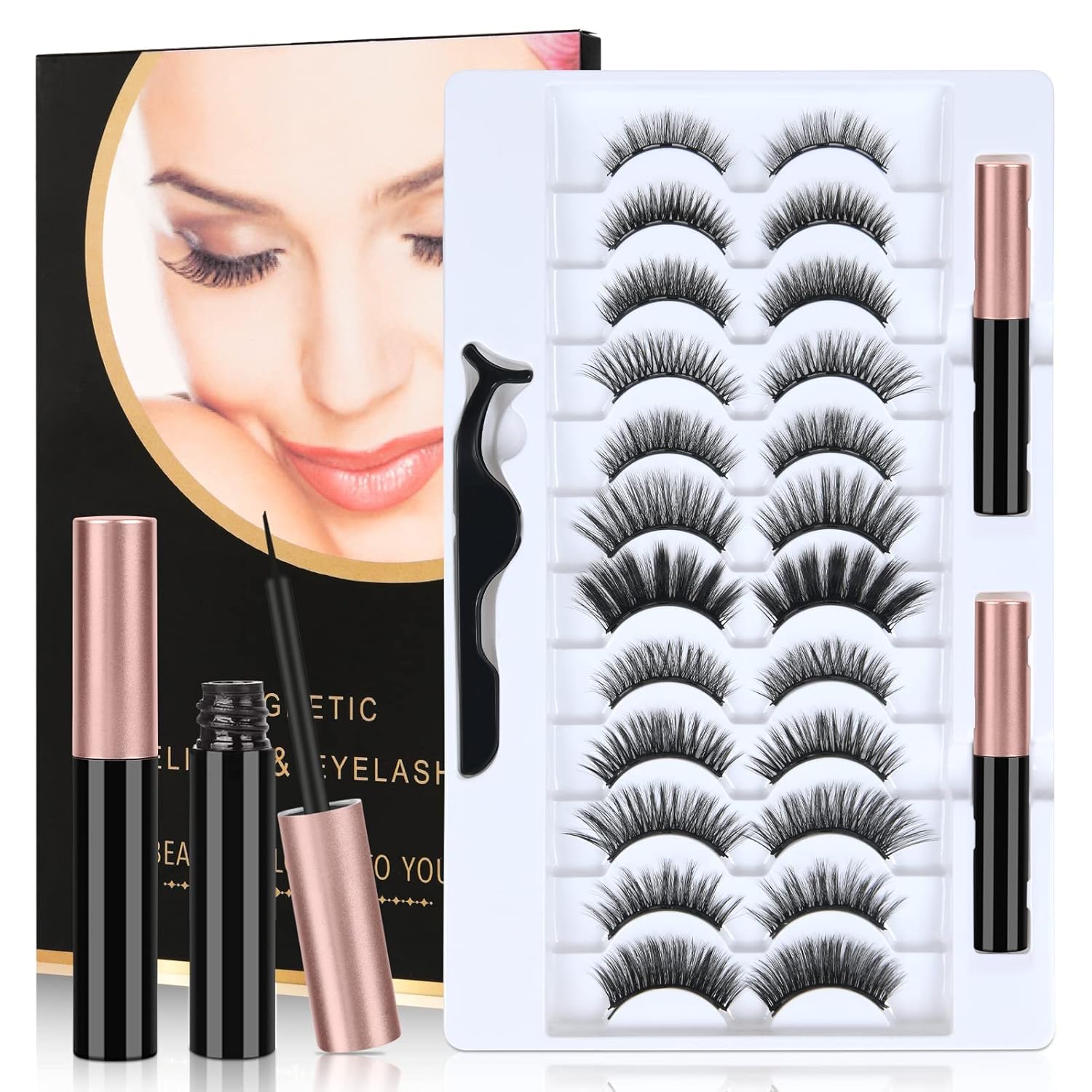 Kit de racimos de pestañas, 12 pares de pestañas postizas magnéticas reutilizables con 2 tubos, impermeable, delineador de ojos y pinzas, kit de