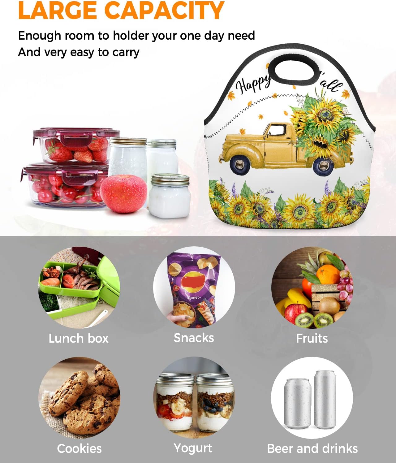 Gsypo Reusable Neoprene Lunch Bag, Happy Fall Y’all Sunflower on Farm Truck Autumn Leaf Soft Thermal Meal Tote, Lightweight Washable Insulated Lunch