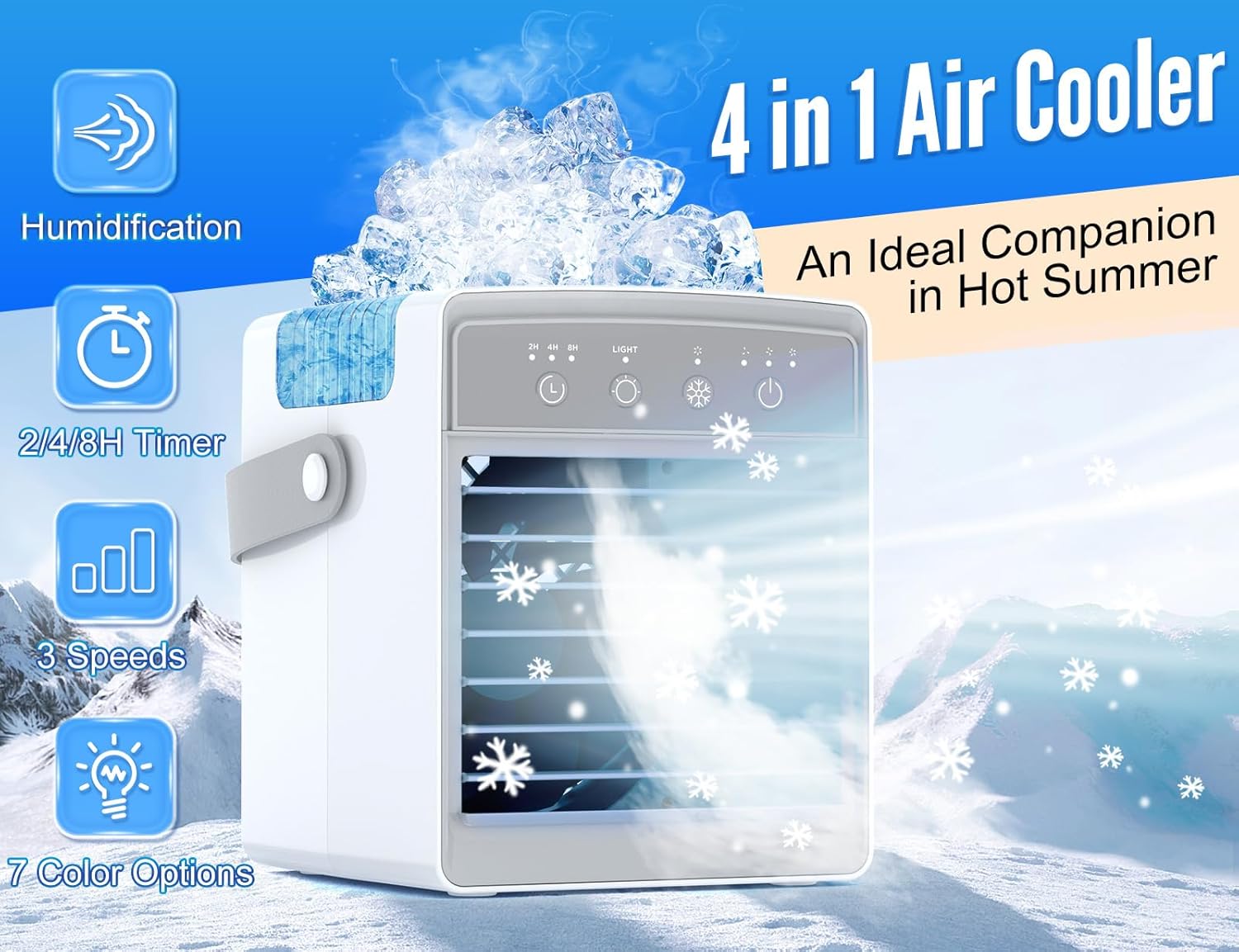 Aire acondicionado portátil, enfriador de aire evaporativo de 3 velocidades con temporizador, tanque de 10.8 onzas líquidas, unidad de CA pequeña,