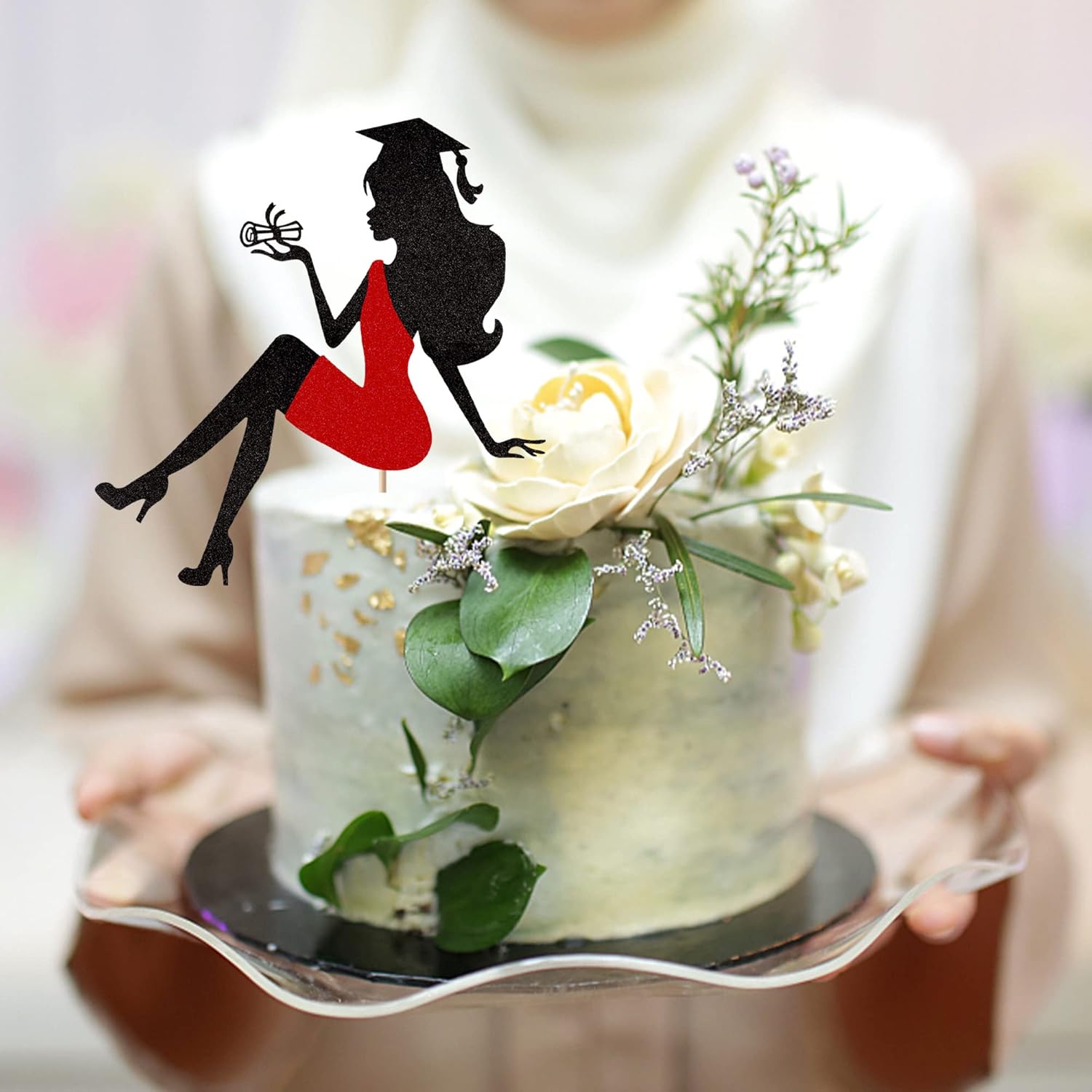 1 pieza de decoración para pastel de graduación 2024 con tapa de graduación con purpurina, diploma de tacón alto para niña, selección de pastel de