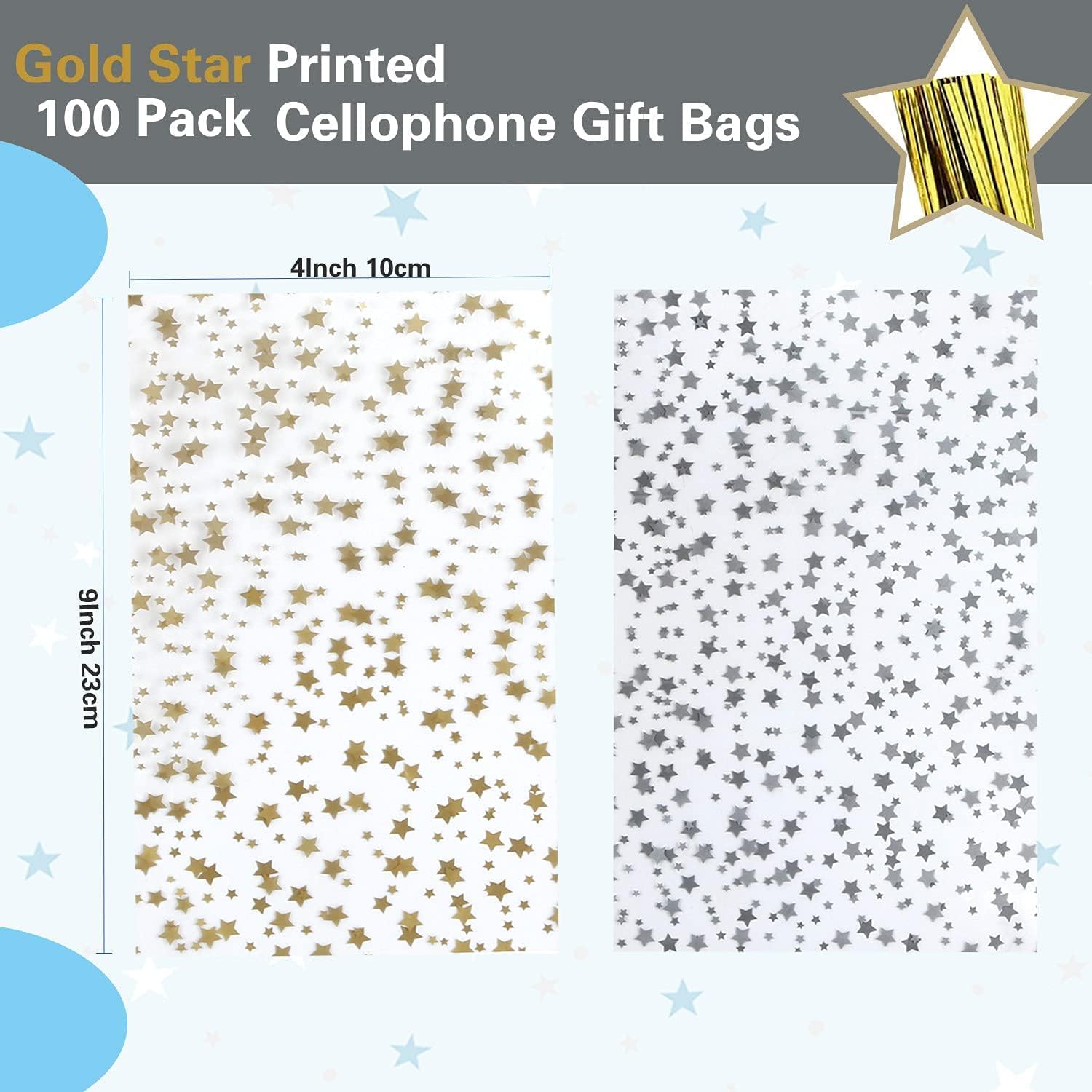 COQOFA 200 bolsas de regalo con estampado de estrellas de 4 x 9 pulgadas, bolsas de celofán para regalo, bolsas de regalo de fiesta, bolsas