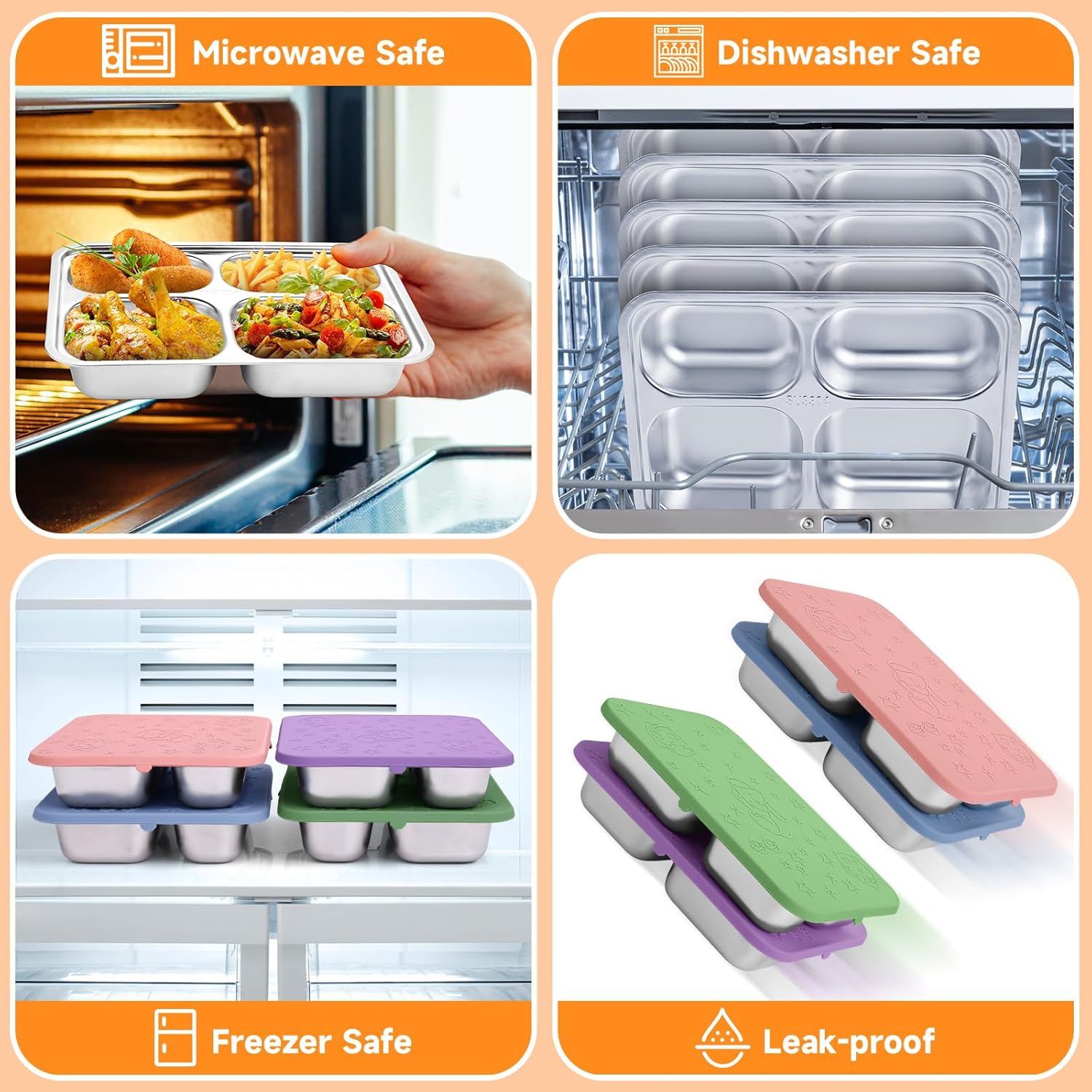 Caja Bento de acero inoxidable con 2 tazas de salsa, 4 compartimentos de alta calidad, lonchera de metal para niños o adultos (rosa)
