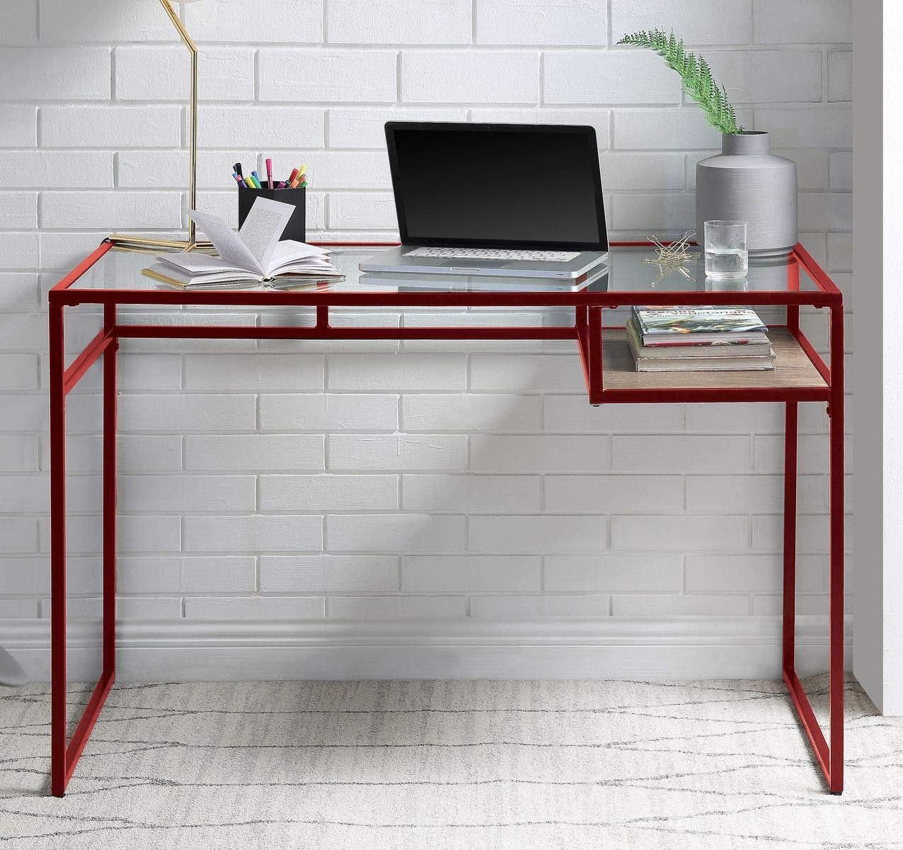 Escritorio rectangular industrial con compartimento abierto, parte superior de vidrio y base de trineo de metal, capacidad de peso de 50 libras, 48