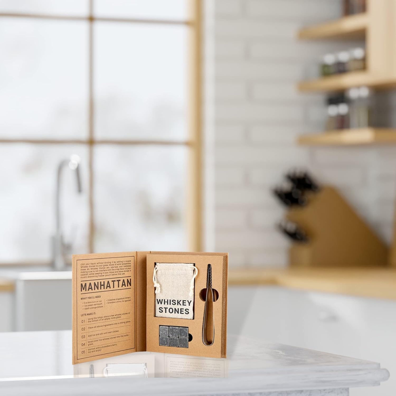 Caja de piedra de whisky premium, cubos de hielo reutilizables de acero inoxidable con pinzas y una bolsa de congelador con cordón, para papás