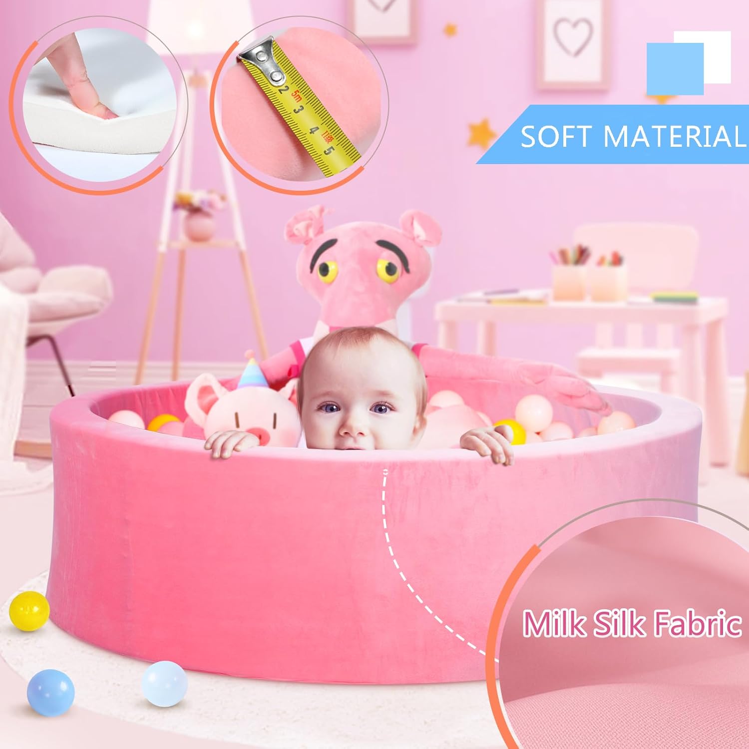 Piscina de bolas para bebés para niños pequeños, piscina de bolas de terciopelo de leche rosa duradero, corralito de juegos suave, regalo y juguetes