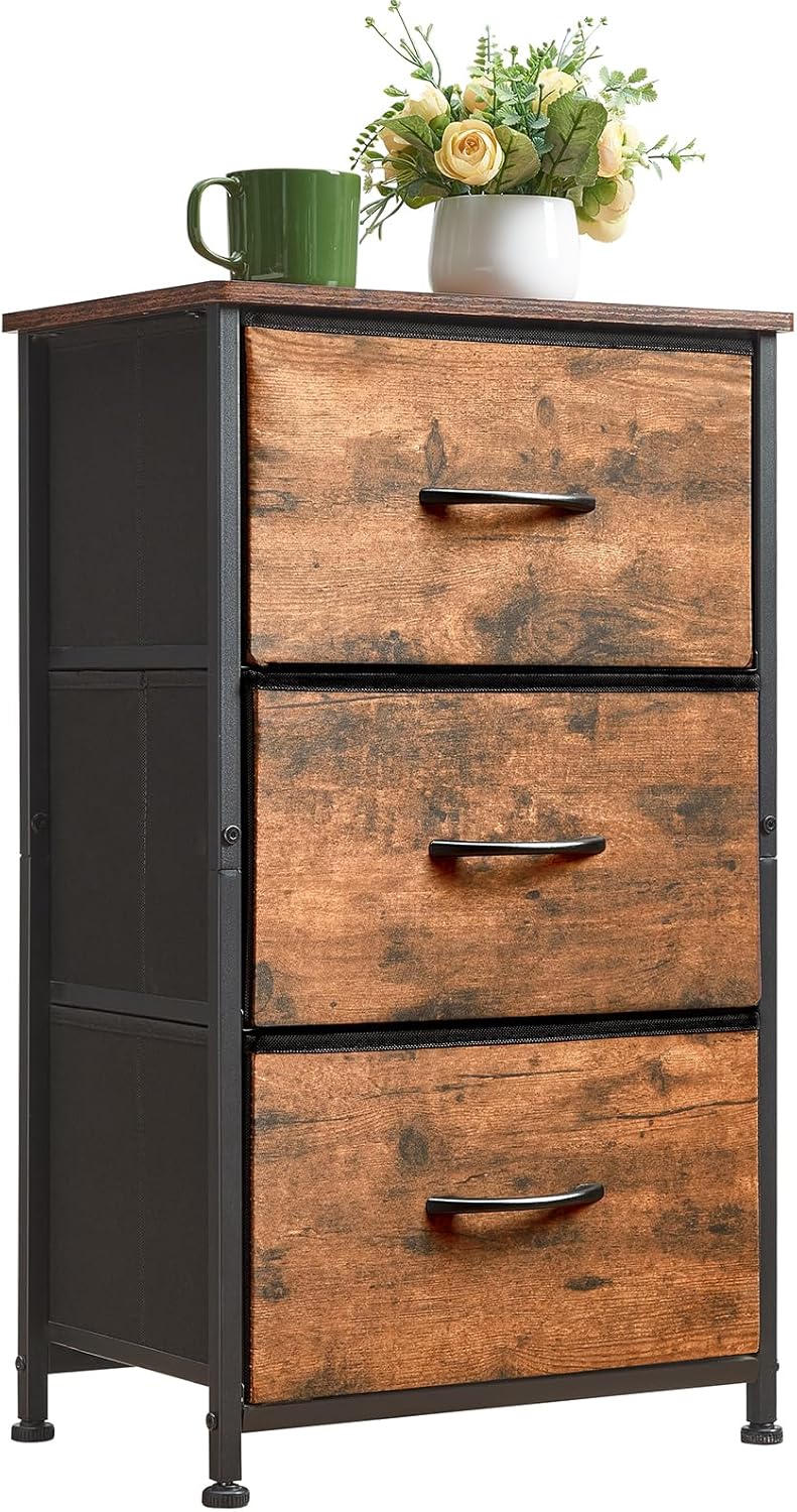 Somdot Mesita de noche, cómoda de 3 cajones para dormitorio, mesita de noche, mesa auxiliar con contenedores de tela para dormitorio, guardería,