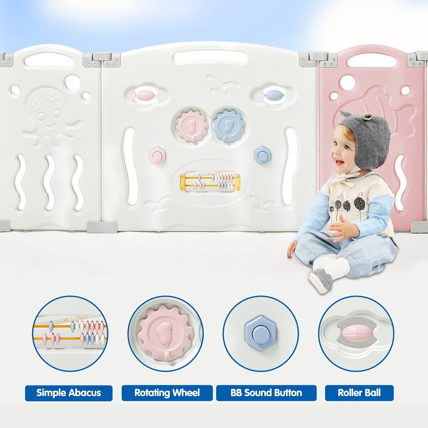 Albott Corralito para bebés, valla plegable mejorada de 22 paneles con panel de juego y puerta de seguridad, forma ajustable, patios portátiles para