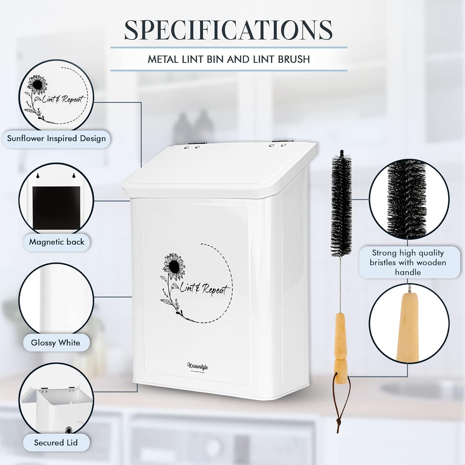Knowstyle Cubo de pelusa magnético de metal para decoración de cuarto de servicio, papelera de lavandería con cepillo de pelusa para secadora para