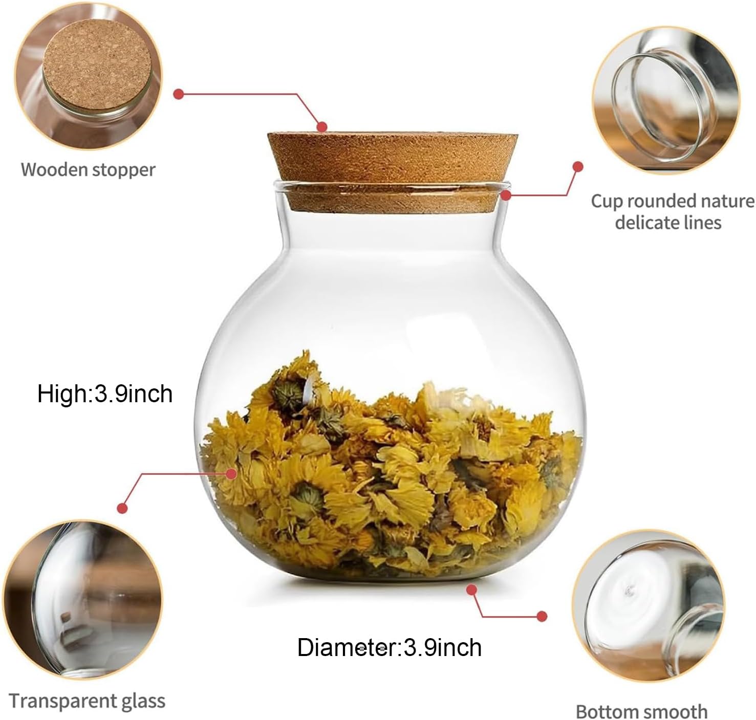 Tarro de vidrio esférico con tapa de corcho hermético, tarro de caramelo de 17 onzas, tarro de vidrio de cocina, para conservar y almacenar café,