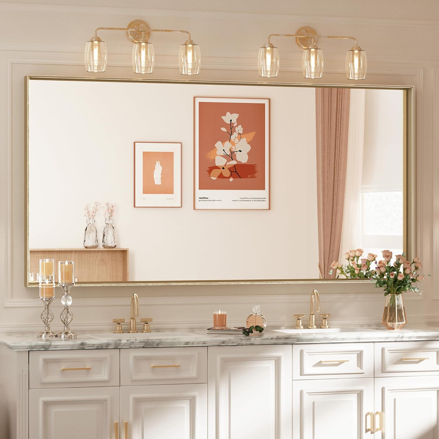 TETOTE Espejo de pared grande rectangular con marco dorado cepillado de 72 x 36 pulgadas, espejo de pared grande rectangular de latón con marco de