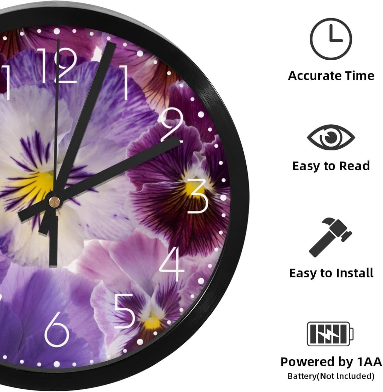 Reloj de pared, diseño de flores moradas, 9.8 pulgadas, silencioso, sin tictac, fácil de leer, moderno, decorativo, para el hogar, la oficina, la