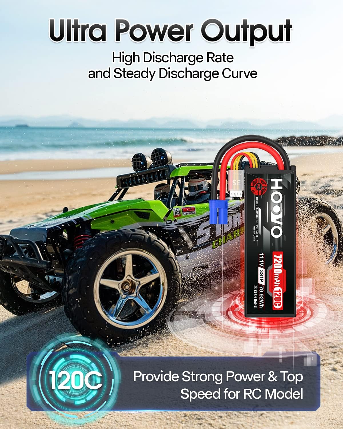 HOOVO Funda rígida de batería Lipo de 11.1 V 120C 7200 mAh 3S con conector EC5 compatible con RC Car Truck Buggy RC Boat Tracxas LOSI Associated