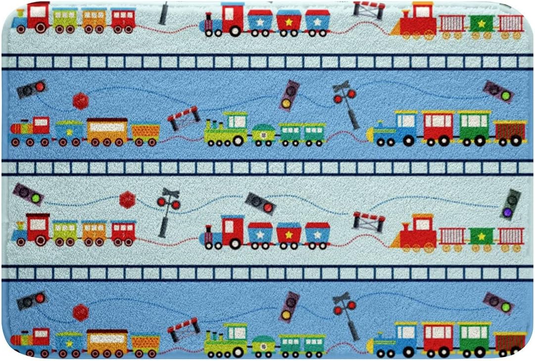 Erosebridal Alfombra de baño de tren colorido de 20 x 32 pulgadas, alfombra de vehículos multicolor de dibujos animados para niños, alfombra de baño