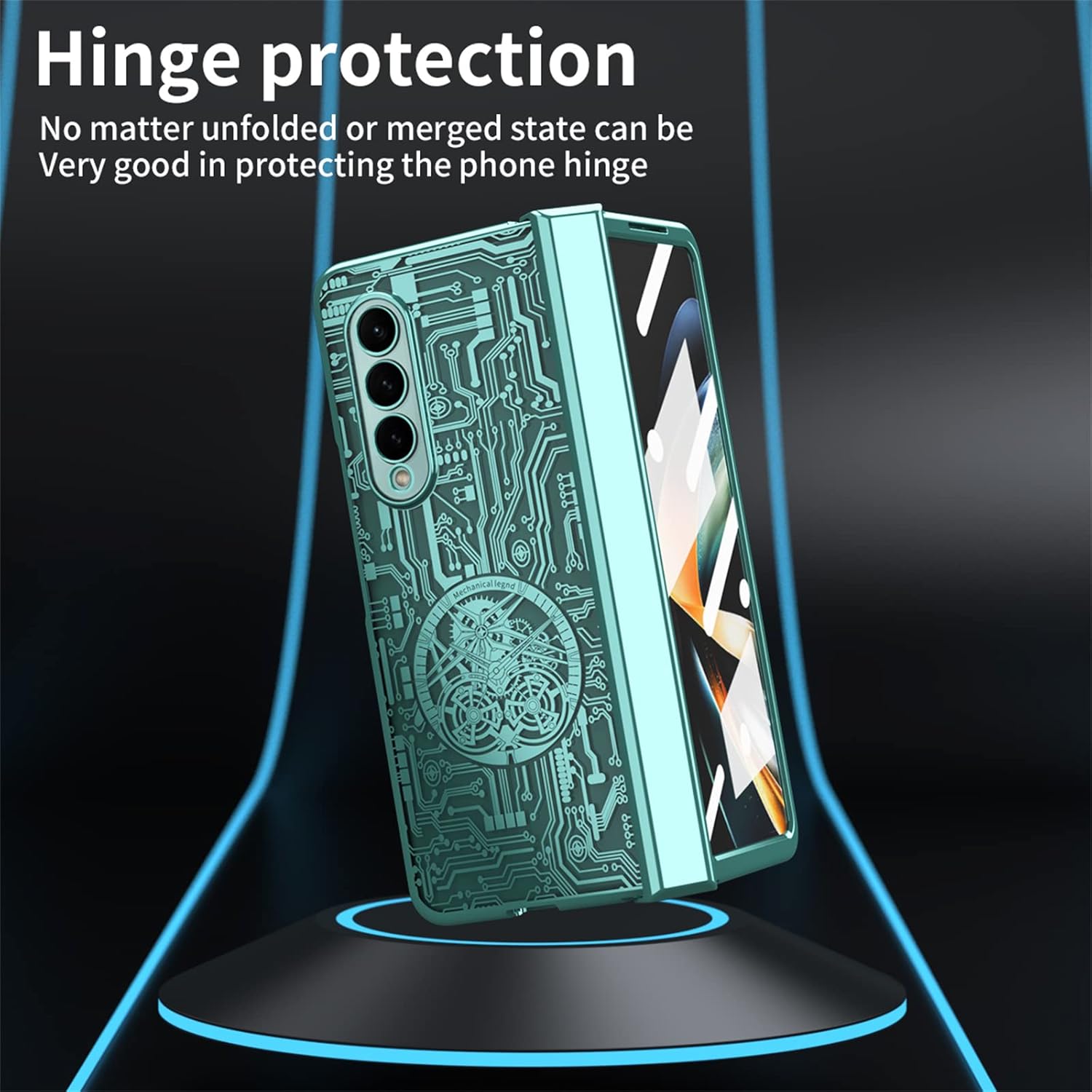 Funda para Samsung Galaxy Z Fold 4 5G, patrón de engranaje mecánico, protección de bisagra, cubierta de policarbonato chapado transparente con
