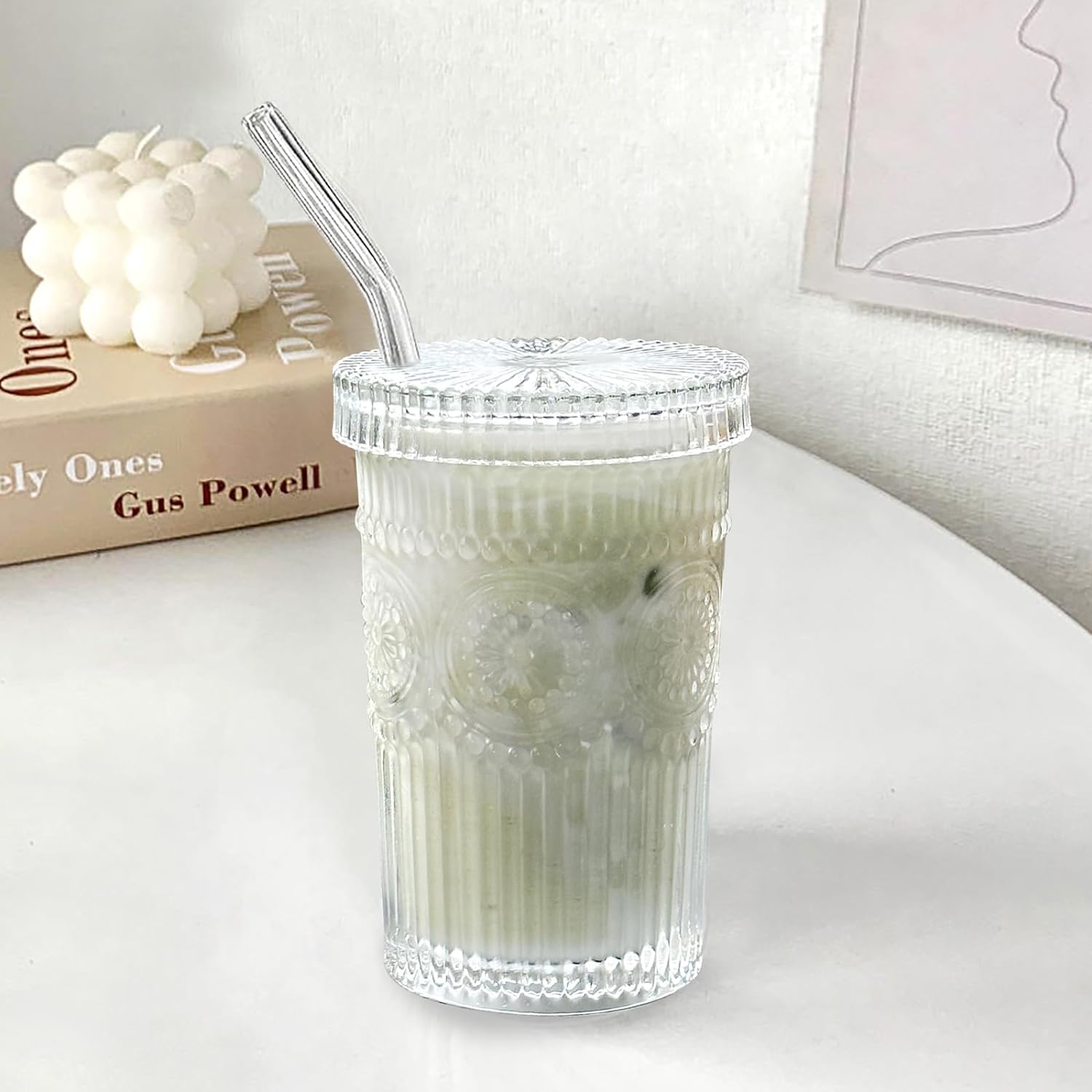 Vaso de vidrio vintage a rayas, taza de café con tapa y pajita, tapas que no aseguran para agua, café helado, leche, té, jugo (B-Vintage)