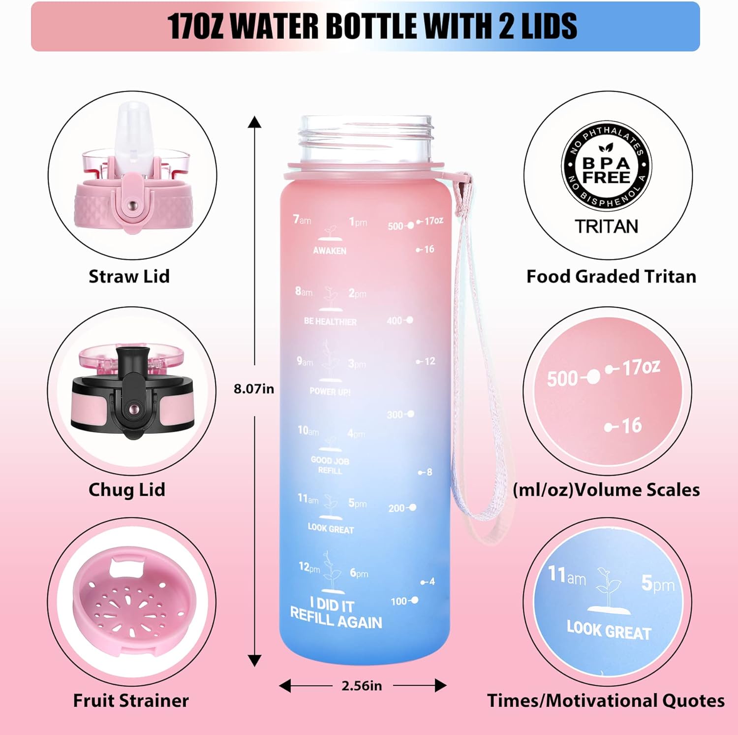 Botella de agua con popote de 17oz para niños, con marcador de tiempo que motiva a beber, 2 tapas (popoteboquilla), a prueba de fugas, reutilizable,