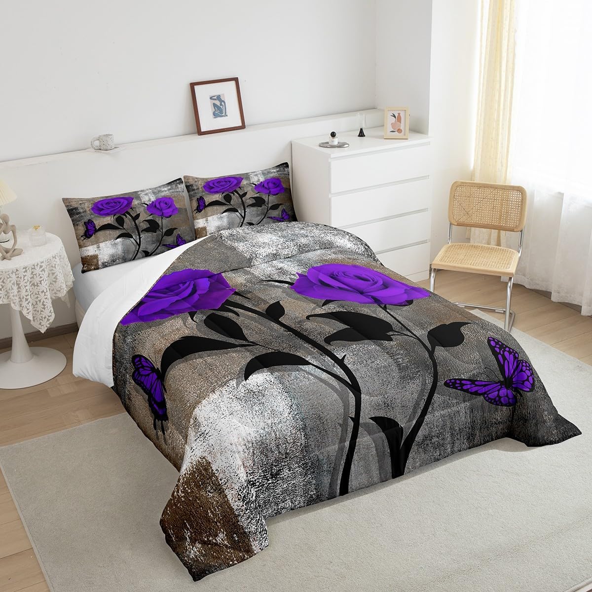 Erosebridal Juego de edredón de acuarela tamaño Queen, juego de ropa de cama de color marrón grunge y blanco degradado para adultos, romántico