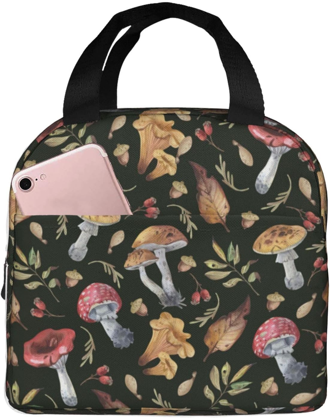 Lonchera aislada para acuarela, hojas de otoño, setas, lonchera, resistente, espaciosa, para adultos, para aprovechar tu día, impermeable, para
