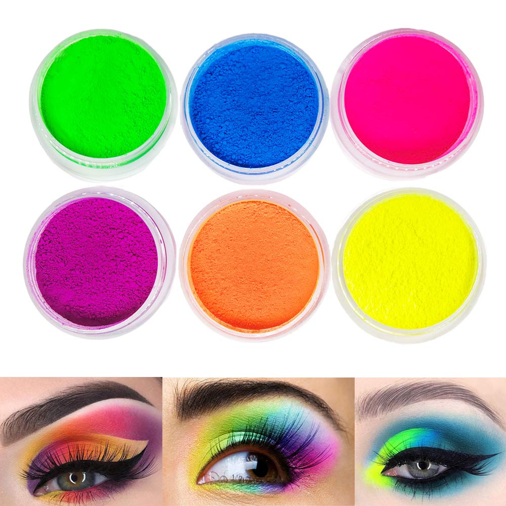 FindinBeauty Pigmento de neón en polvo de sombra de ojos reactivo UV que brilla en la luz negra, 6 colores verdaderos brillantes mezclados para