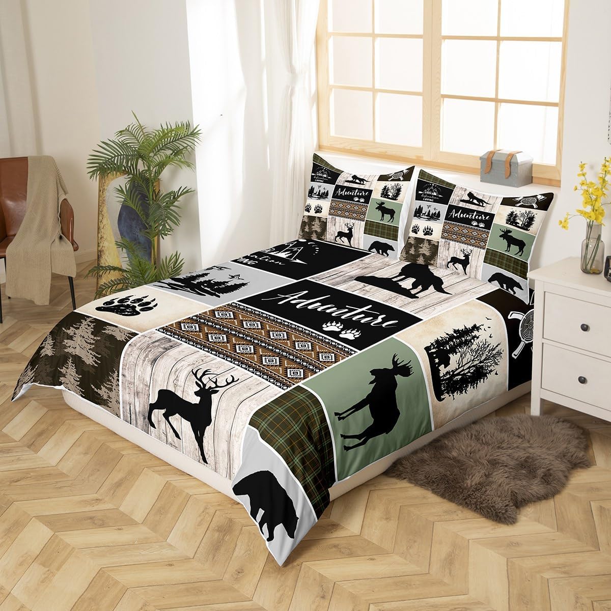 Juego de funda de edredón para niños de aventura de camping, tamaño matrimonial, juego de ropa de cama de caza de ciervos, osos, lobo, animales y