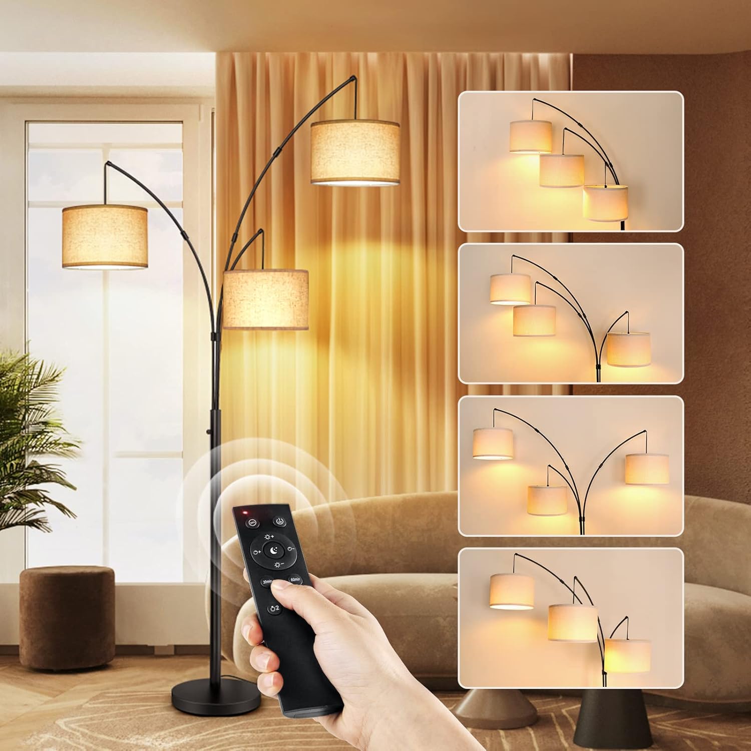 OUTON Lámpara de pie LED de arco con control remoto, regulable, moderna, de 3 luces, arqueada, alta, de mediados de siglo, para dormitorio, oficina,
