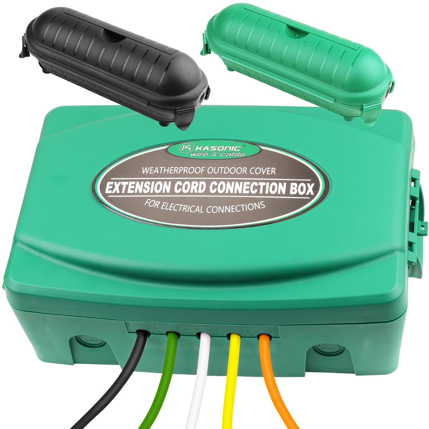 KASONIC – Caja eléctrica grande para exteriores (12.5 x 8.5 x 5 pulgadas) + 2 pequeñas cubiertas de seguridad para cables de extensión para