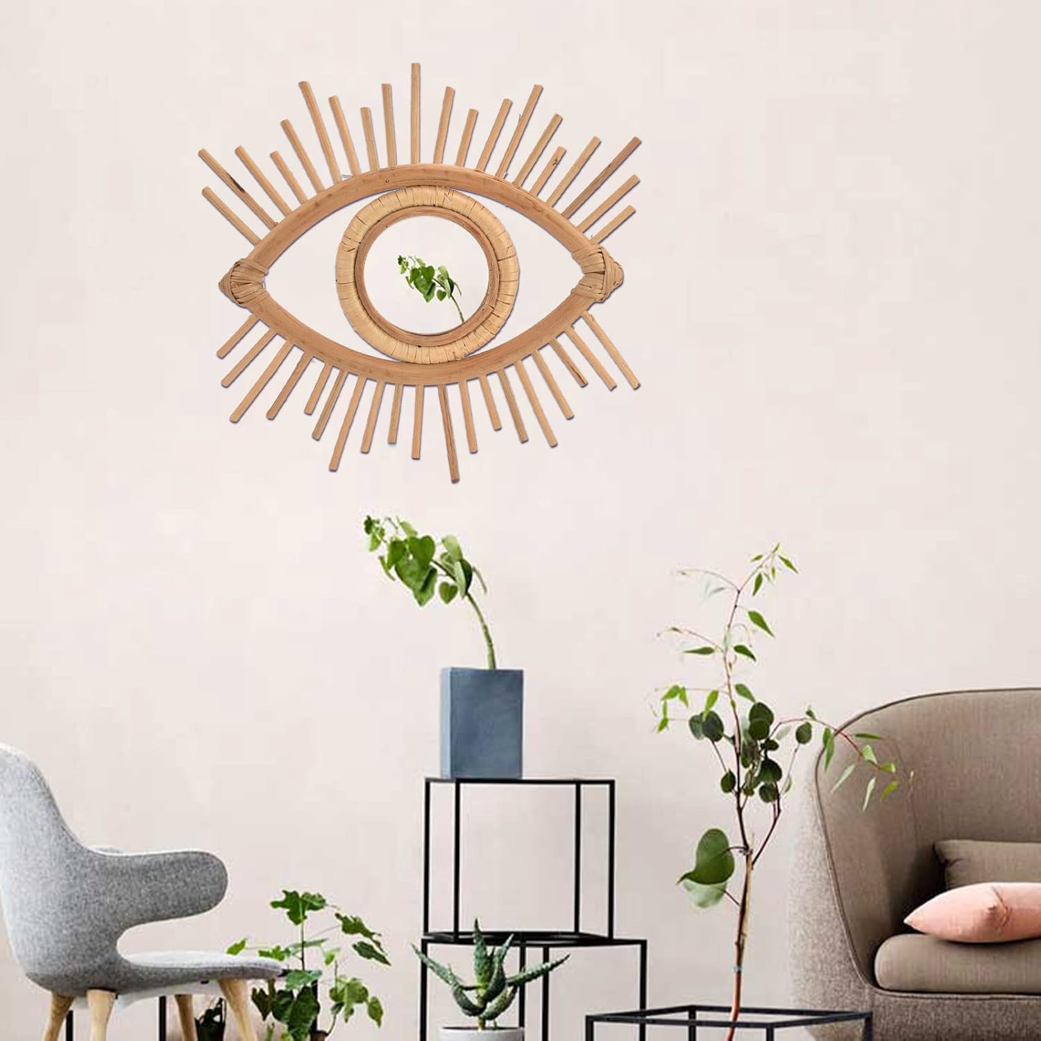 HERCHR Espejo de ratán para decoración de pared, espejos de ratán para pared, espejo bohemio para colgar en la pared, decoración de vidrio colgante