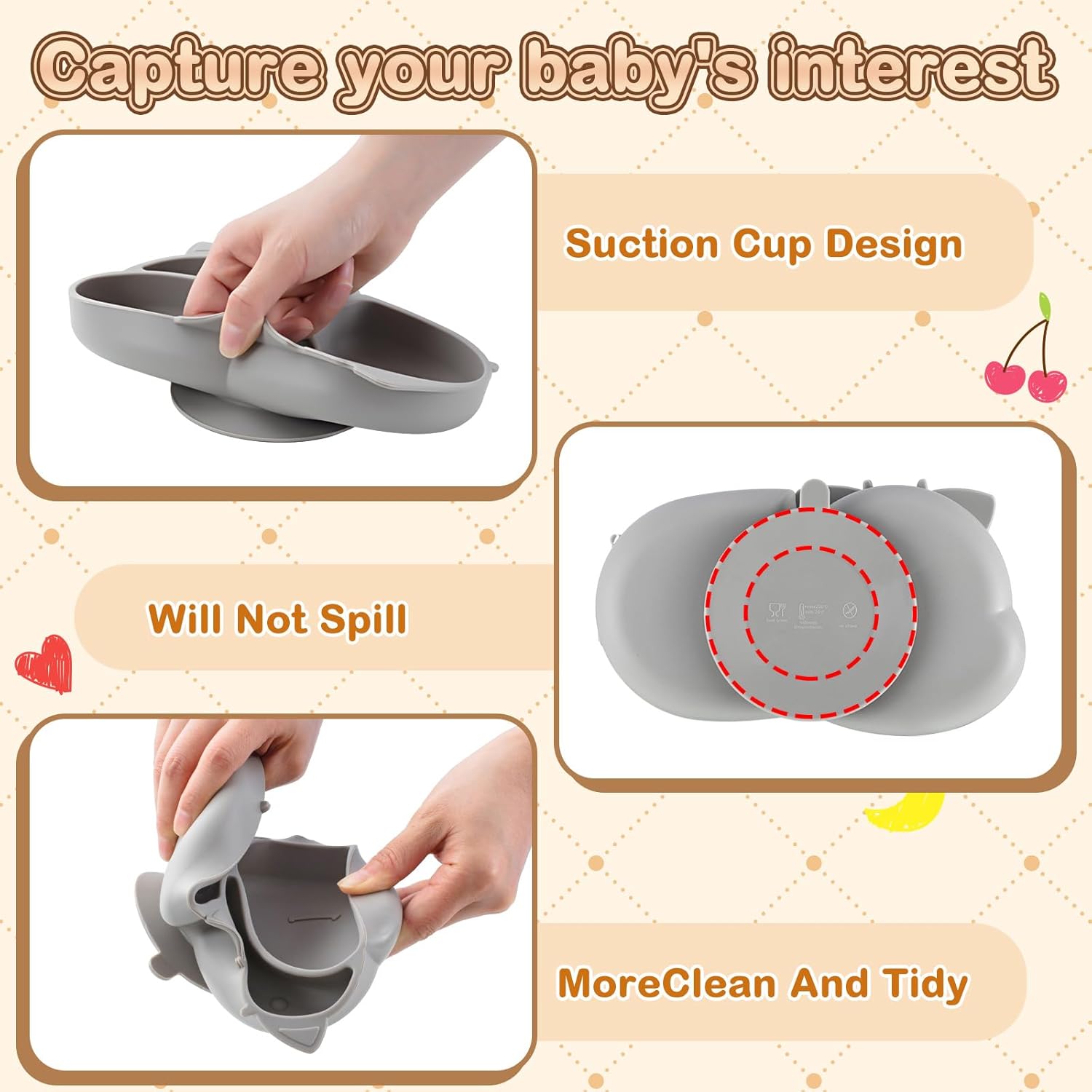 Tioncy 3 juegos de platos de silicona para bebé con succión hipopótamo, plato individual dividido, platos de destete LED para bebé con cubiertos,