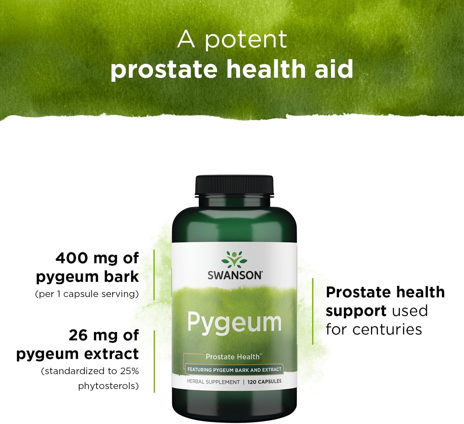 Swanson Pygeum – 120 cápsulas, 400 mg cada una, suplemento de hierbas para la salud de la próstata masculina, la vejiga y el tracto urinario