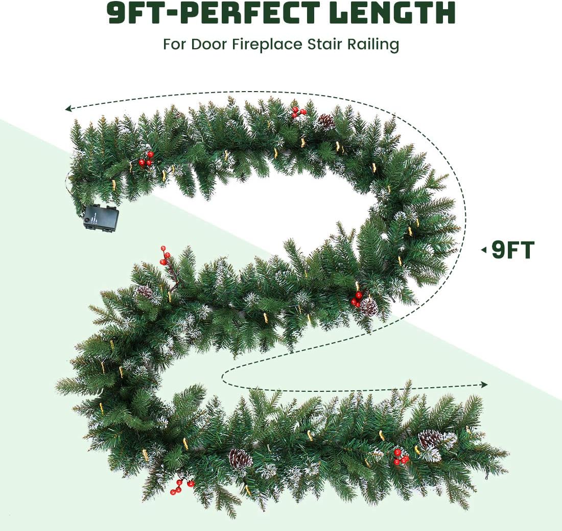 Guirnalda de Navidad artificial preiluminada de 9 pies, decoración de Navidad para interiores y exteriores, guirnalda con temporizador que funciona